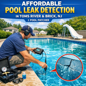 Technician inspecting a swimming pool for leaks using specialized equipment in Toms River, NJ.