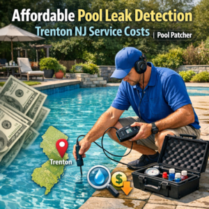 Technician inspecting a residential pool for leaks with specialized detection equipment in Trenton, NJ.