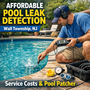 Technician inspecting a pool for leaks using specialized equipment in Wall Township, NJ.