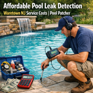 Technician inspecting and detecting a pool leak in a residential backyard pool in Waretown NJ.