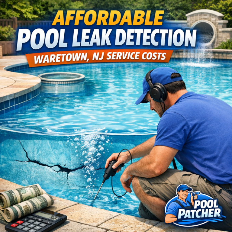 Technician inspecting a pool for leaks with equipment, representing affordable pool leak detection in Waretown, NJ.