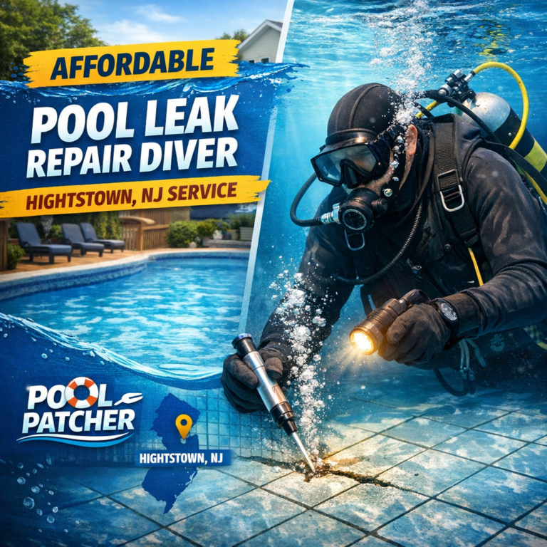 Diver inspecting and repairing a swimming pool leak underwater in Hightstown, NJ.