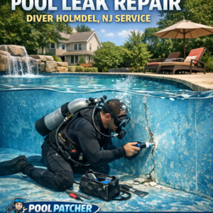 Diver performing professional pool leak repair in a clear blue pool in Holmdel, NJ.