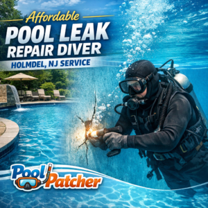 Diver in a pool repairing a leak, representing affordable pool leak repair service in Holmdel, NJ.