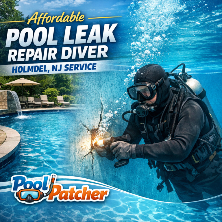 Diver in a pool repairing a leak, representing affordable pool leak repair service in Holmdel, NJ.