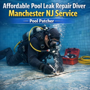 Diver repairing a pool leak underwater with professional patching tools in Manchester, NJ.