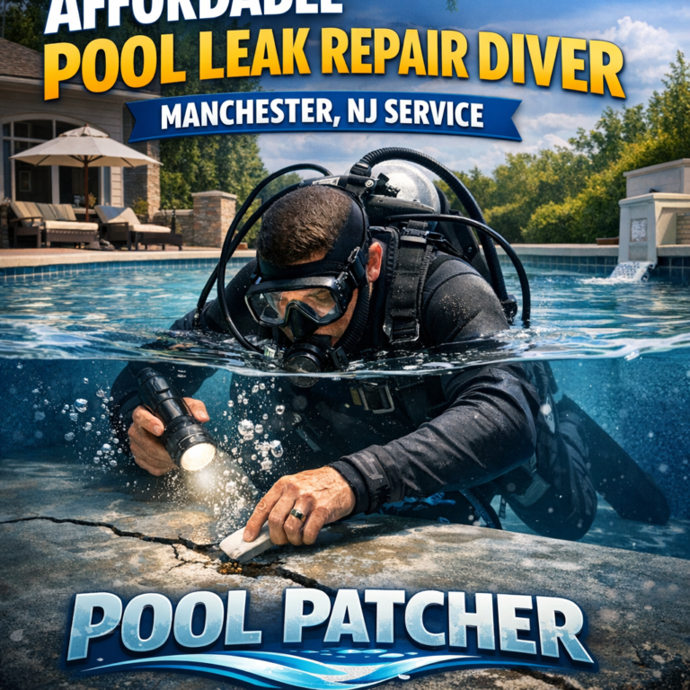 Diver repairing a pool leak underwater with tools, providing affordable pool leak repair in Manchester, NJ.