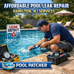 Technician repairing a swimming pool leak using specialized tools and equipment outdoors in Hamilton, NJ.