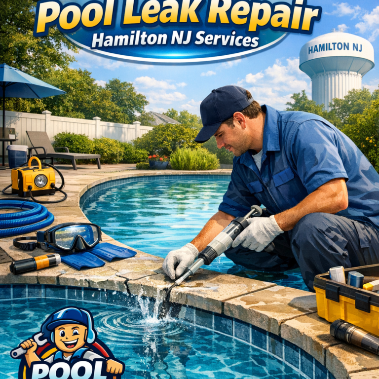 Technician repairing a pool leak using patching materials beside a clear blue swimming pool.