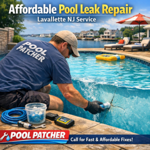 Technician repairing a pool leak with a patch, ensuring affordable pool maintenance in Lavallette, NJ.