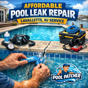 Technician repairing a pool leak using a patch near a backyard pool in Lavallette, NJ.