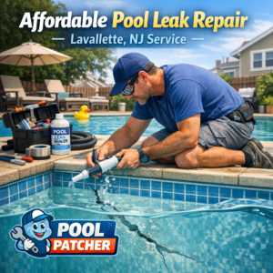 Technician repairing a swimming pool leak with patching tools in Lavallette, NJ.