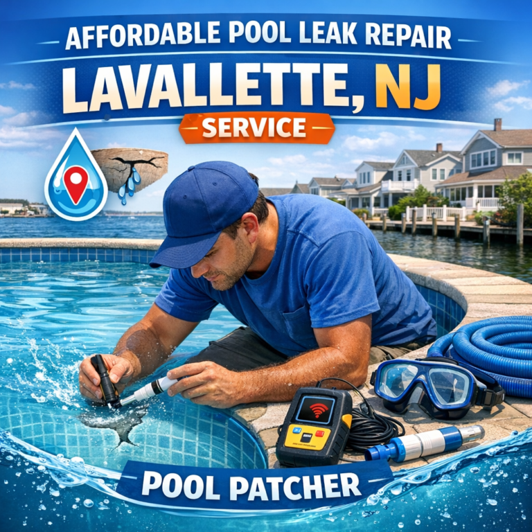 Technician applying patch to fix a pool leak, representing affordable pool repair service in Lavallette, NJ.