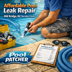 Technician repairing a pool leak with specialized equipment in a backyard pool in Old Bridge, NJ.