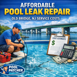 Chart showing affordable pool leak repair cost estimates for Old Bridge, NJ, with a pool leak repair service theme.