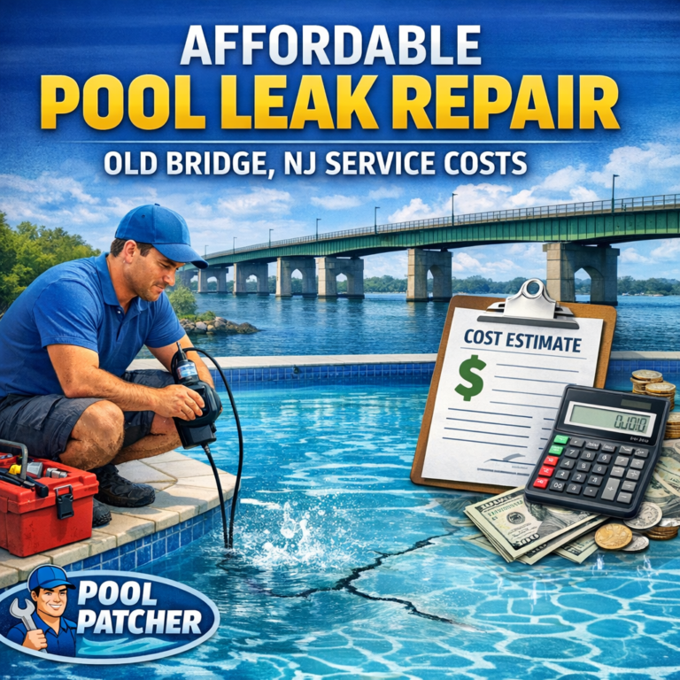 Chart showing affordable pool leak repair cost estimates for Old Bridge, NJ, with a pool leak repair service theme.