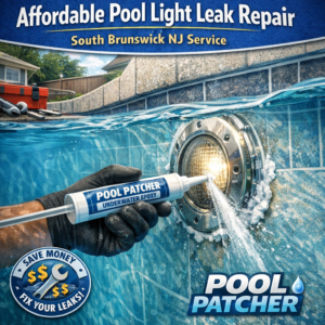 Technician repairing a pool light leak underwater using epoxy in South Brunswick NJ.