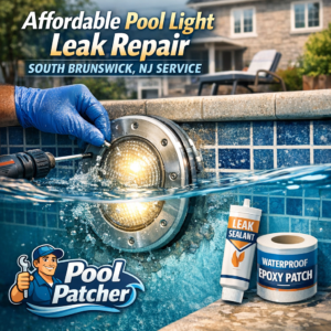 Technician applying waterproof epoxy patch to repair pool light leak in South Brunswick, NJ.
