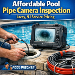 Technician performing affordable pool pipe camera inspection in Lacey, NJ with specialized equipment.