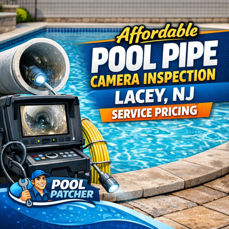 Technician using a camera inspection tool to examine pool pipes outdoors in Lacey, NJ.