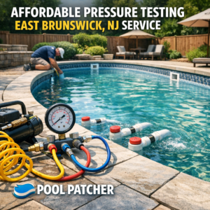 Technician performing affordable pool pressure testing on pipes in East Brunswick, NJ backyard pool area.
