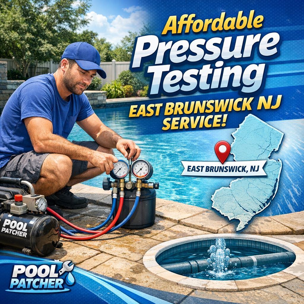 Technician performing affordable pressure testing on a pool pipe in East Brunswick, NJ.