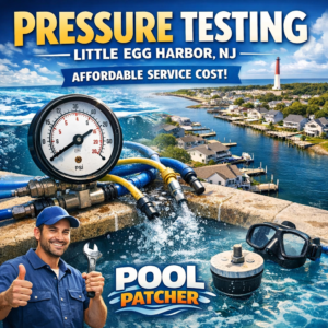 Technician performing pressure testing on pool equipment in Little Egg Harbor with affordable service by Pool Patcher.