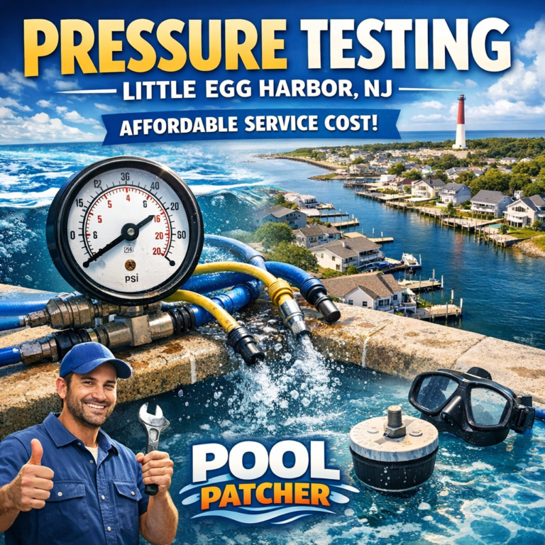 Technician performing pressure testing on pool equipment in Little Egg Harbor with affordable service by Pool Patcher.