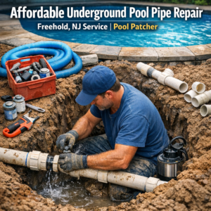 Technician repairing an underground pool pipe with tools and equipment in Freehold, NJ.