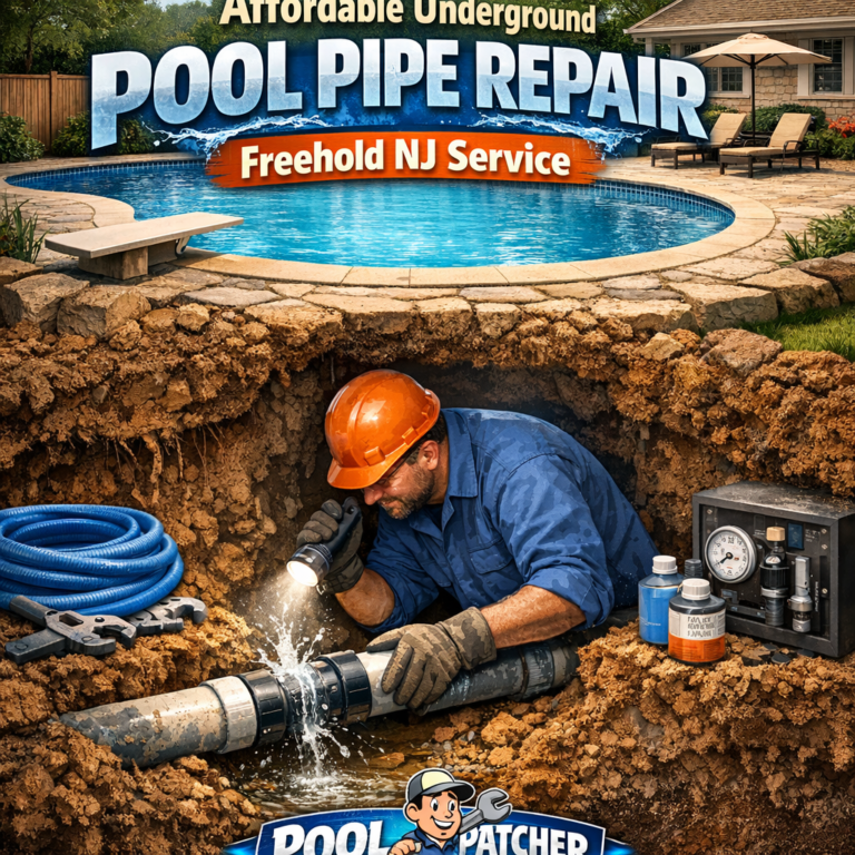 Technician repairing an underground pool pipe with tools in a residential backyard in Freehold, NJ.