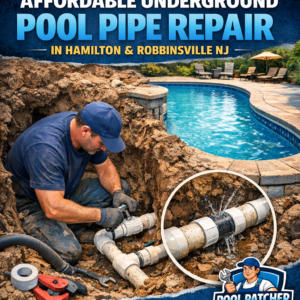 Technician repairing underground pool pipes with tools in a residential backyard in Hamilton, NJ.