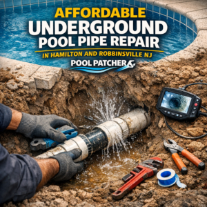Technician repairing underground pool pipe with tools in a residential backyard in Hamilton, NJ.