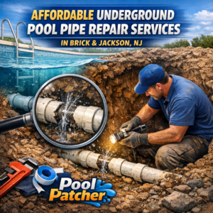Technician repairing underground pool pipes with tools, representing affordable pool pipe repair services in Brick, NJ.