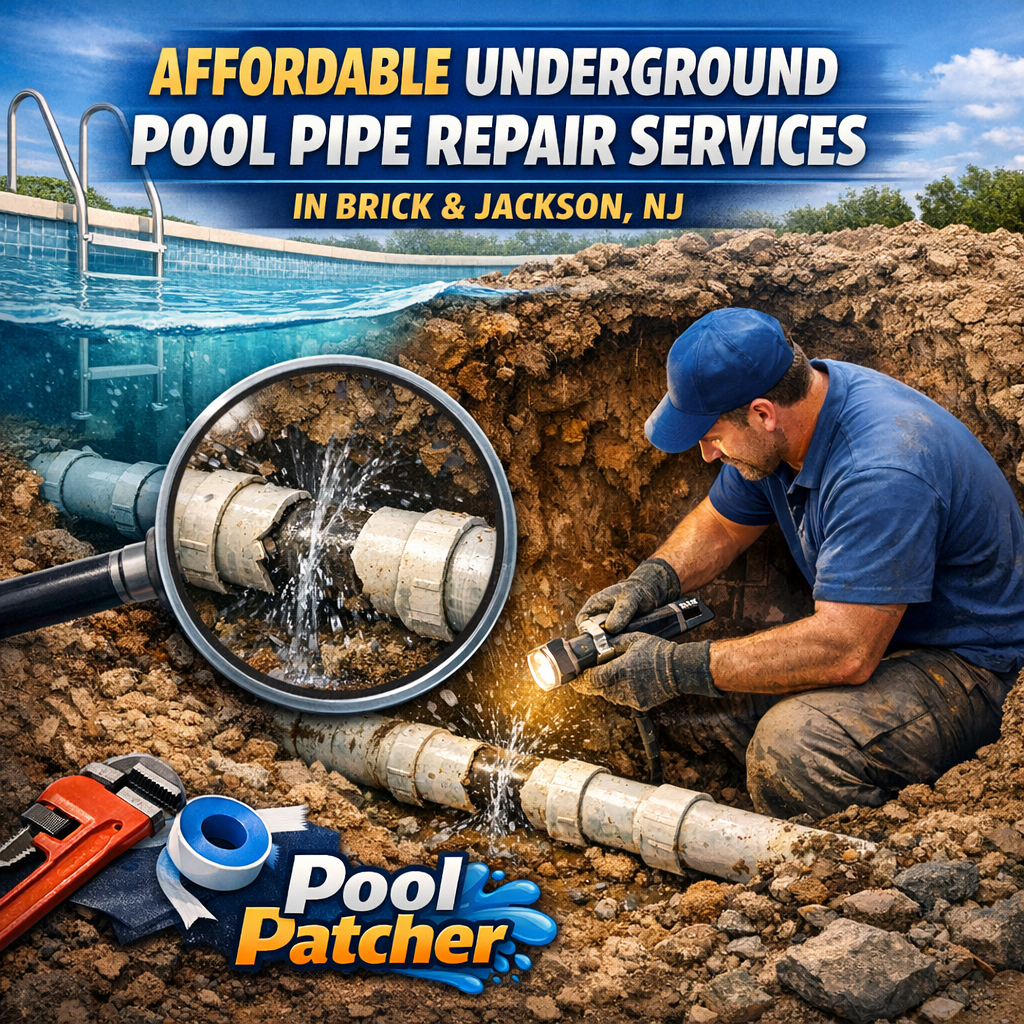 Technician repairing underground pool pipes with tools, representing affordable pool pipe repair services in Brick, NJ.