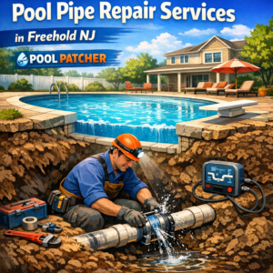 Technician repairing underground pool pipes in Freehold NJ for affordable pool pipe repair services.