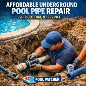 Technician repairing an underground pool pipe with tools and a flashlight in Ship Bottom, NJ.