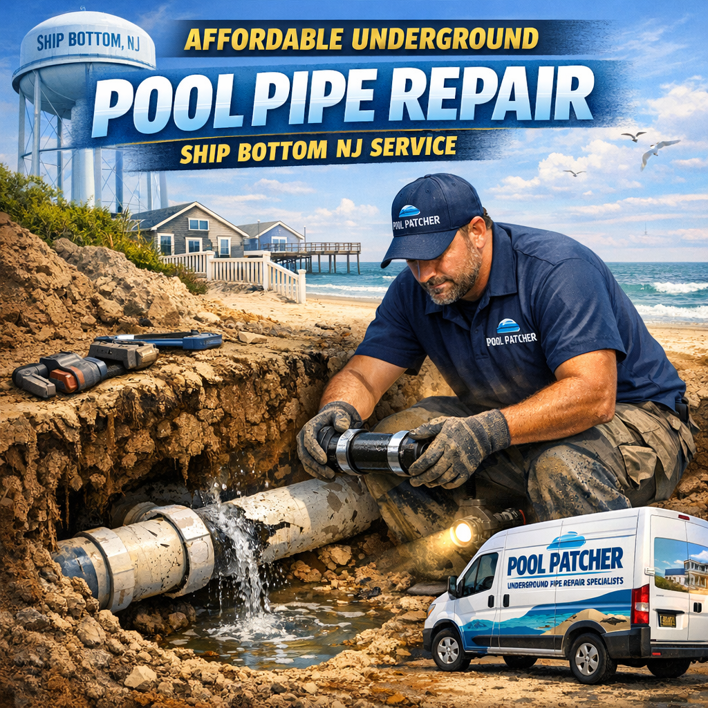 Worker repairing underground pool pipes with tools near a residential backyard in Ship Bottom, NJ.