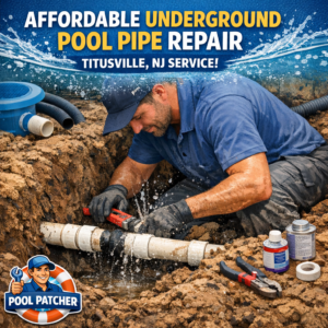 Technician repairing underground pool pipe with tools and excavation in Titusville, NJ for affordable service.