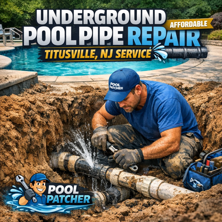 Technician repairing underground pool pipes with specialized equipment in a residential yard, Titusville, NJ.