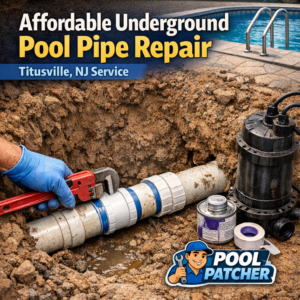 Technician performing underground pool pipe repair with specialized equipment in a residential yard in Titusville, NJ.