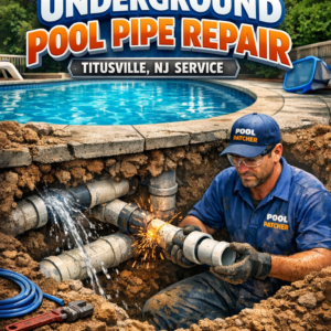 Technician repairing underground pool pipes with tools and safety gear in Titusville, NJ.