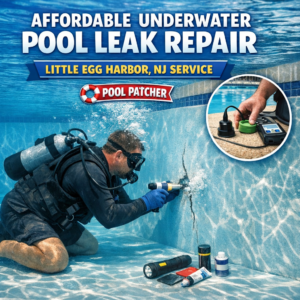 Technician performing underwater pool leak repair in a residential pool in Little Egg Harbor, NJ.