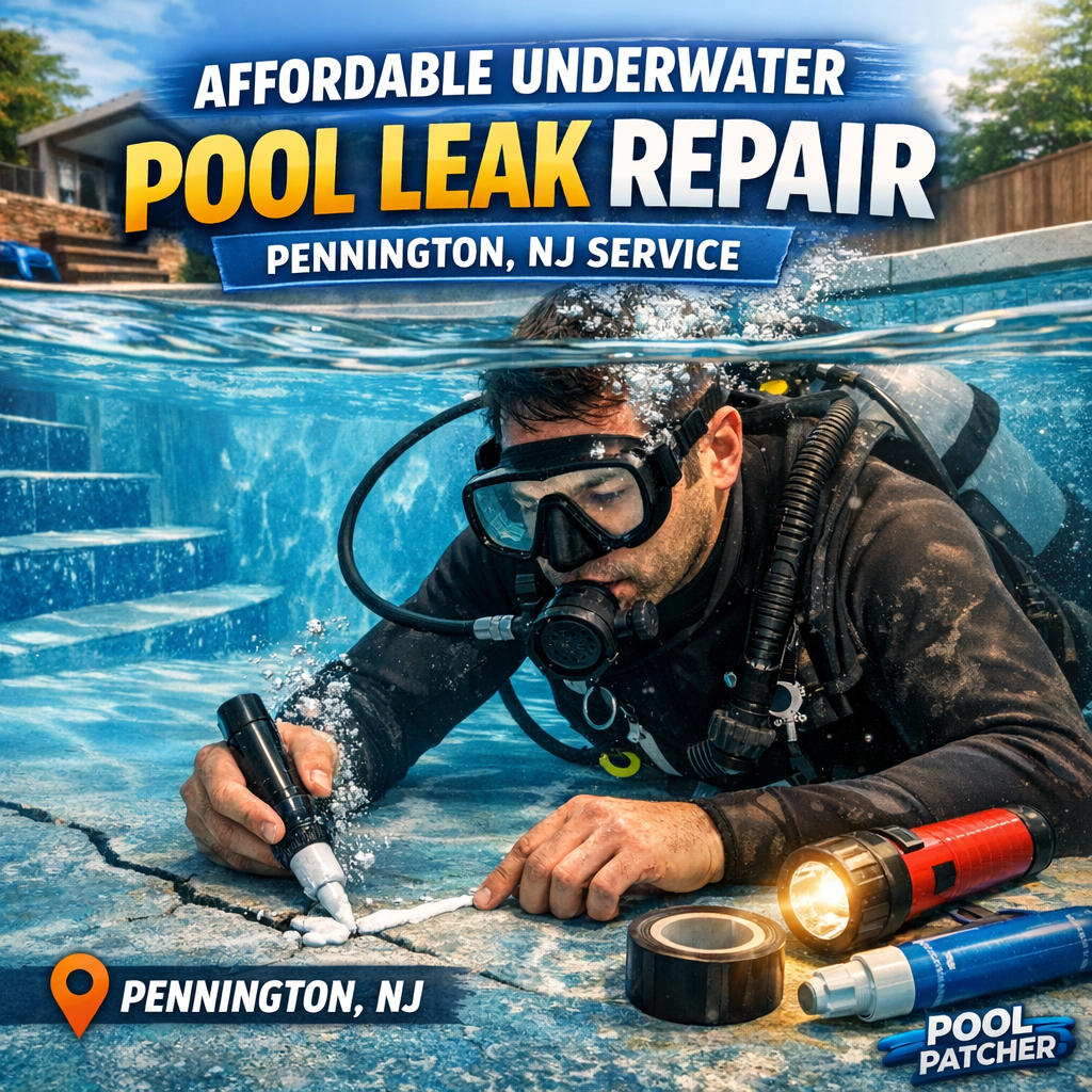 Technician repairing an underwater pool leak using specialized equipment in a clear residential pool.