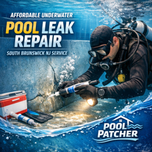 Technician in wetsuit repairing underwater pool leak using specialized tools in South Brunswick, NJ.