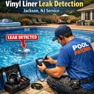 Technician using specialized equipment to detect leaks in a vinyl liner pool in Jackson, NJ.