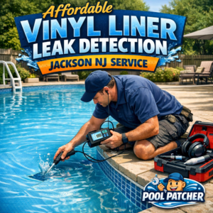 Technician inspecting a vinyl liner pool leak using specialized detection equipment.