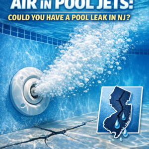 Underwater pool jet releasing air bubbles from a cracked pool floor with a New Jersey leak warning graphic.