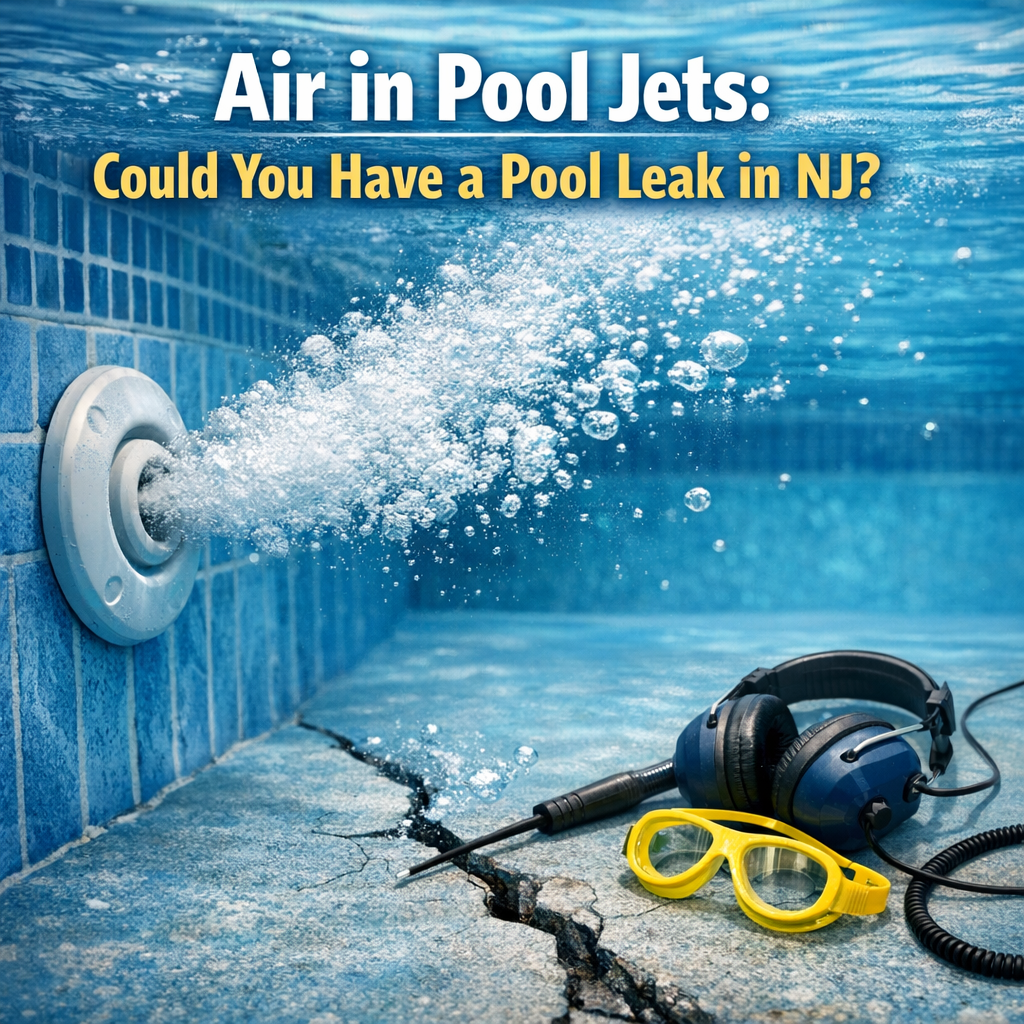 Close-up of air bubbles in pool jets, indicating a potential pool leak in a swimming pool in New Jersey.