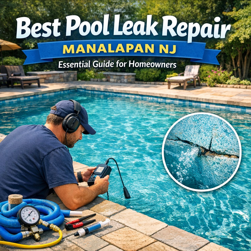 Infographic showing essential steps and tips for pool leak repair in Manalapan, NJ for homeowners.