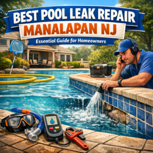 Illustration of pool leak repair tools and a pool in Manalapan, NJ with homeowner repair guide.